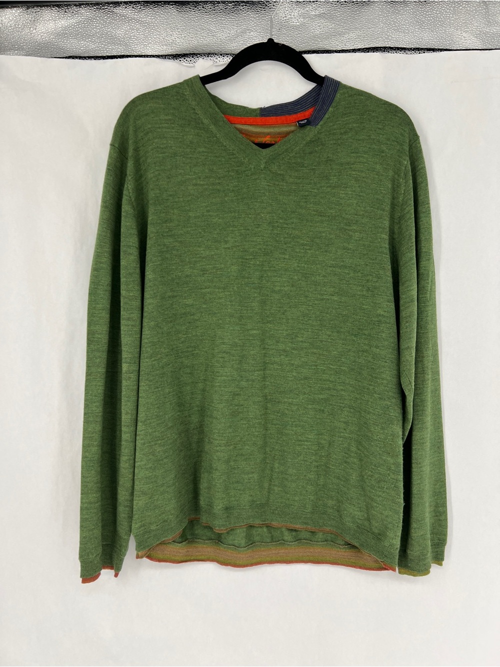 Robert Graham Olive Green V-Neck Layered-Hem Sweater 100% wool